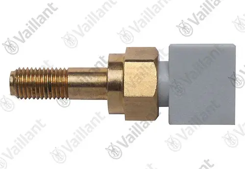 Vaillant NTC-Fühler mit einer goldenen Gewindeverbindung und einem rechteckigen grauen Körper.